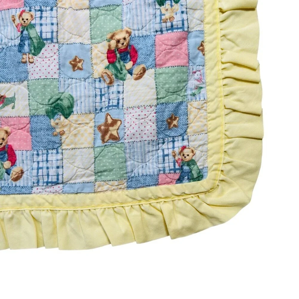 Vtg Blue Jean Teddy Bear Collection Baby Quilt Bedroom Collectible